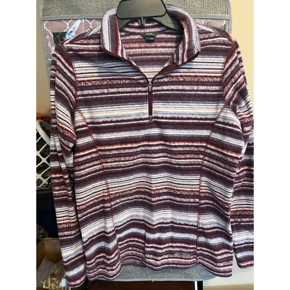 Eddie Bauer Womens Burgundy Striped Fleece Quarter Zip Pullover M D3959381 - Picture 2 of 8